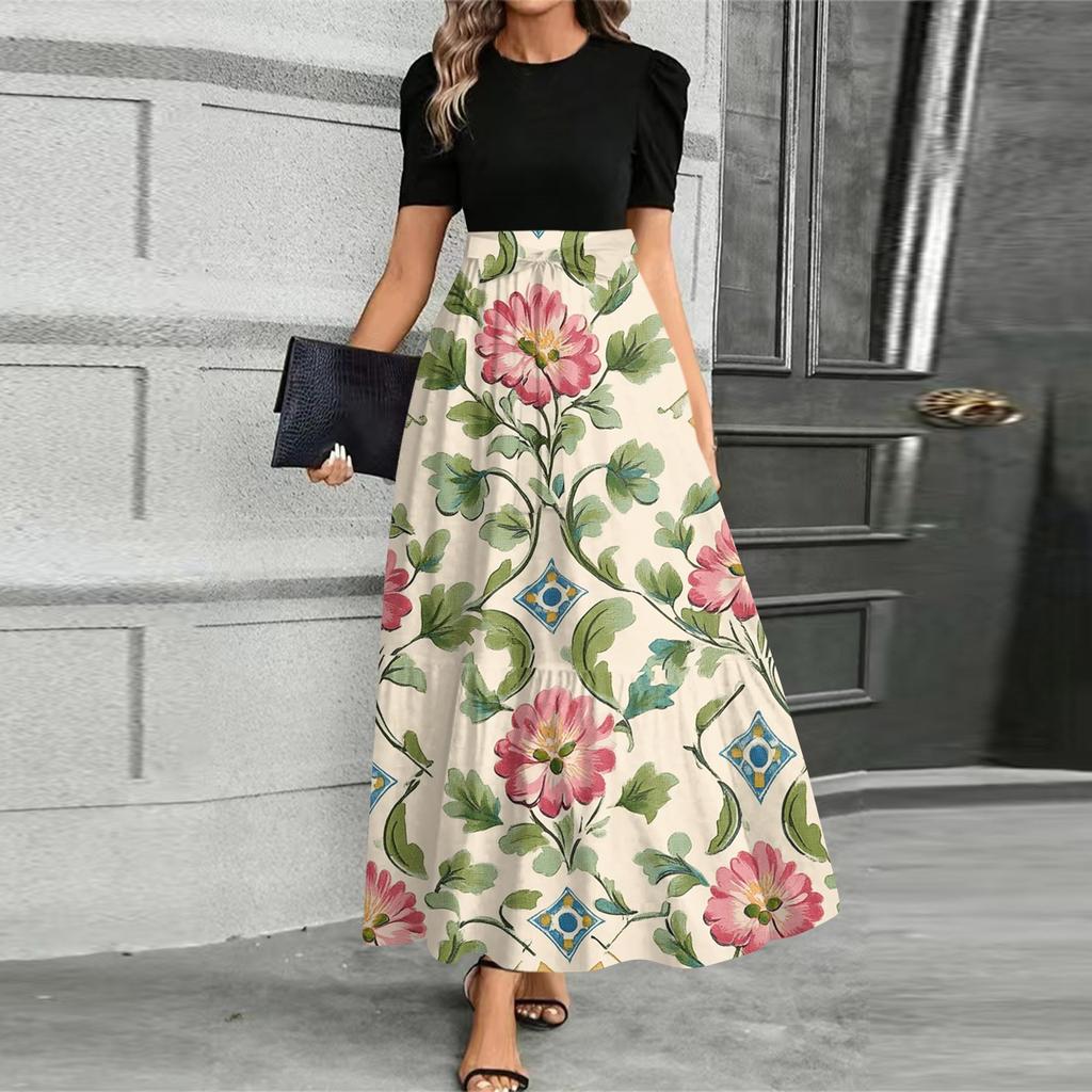 Damen Modisches Lässiges Gürtel Kurzärmeliges Rundhals Print Elegantes Temperament Kleid