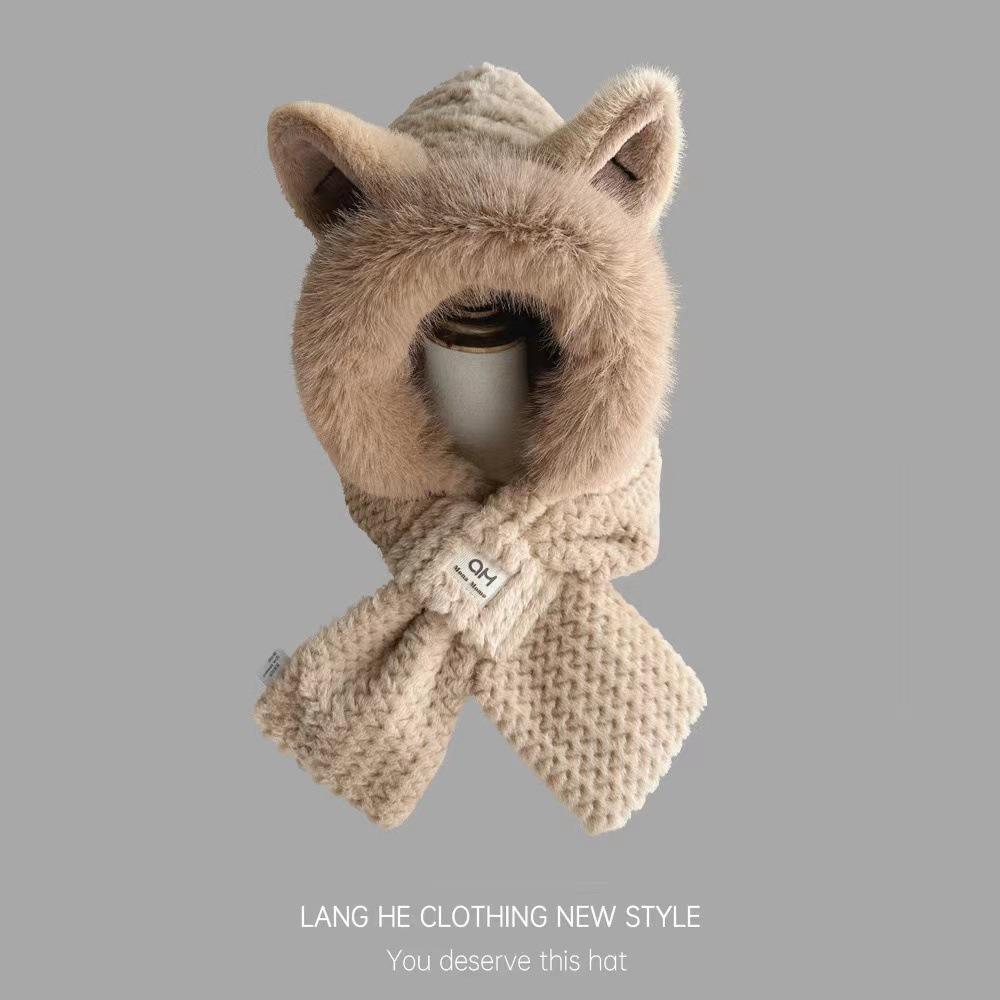 New cute plush hat and scarf two-piece set with fox ears, hat and scarf in one piece