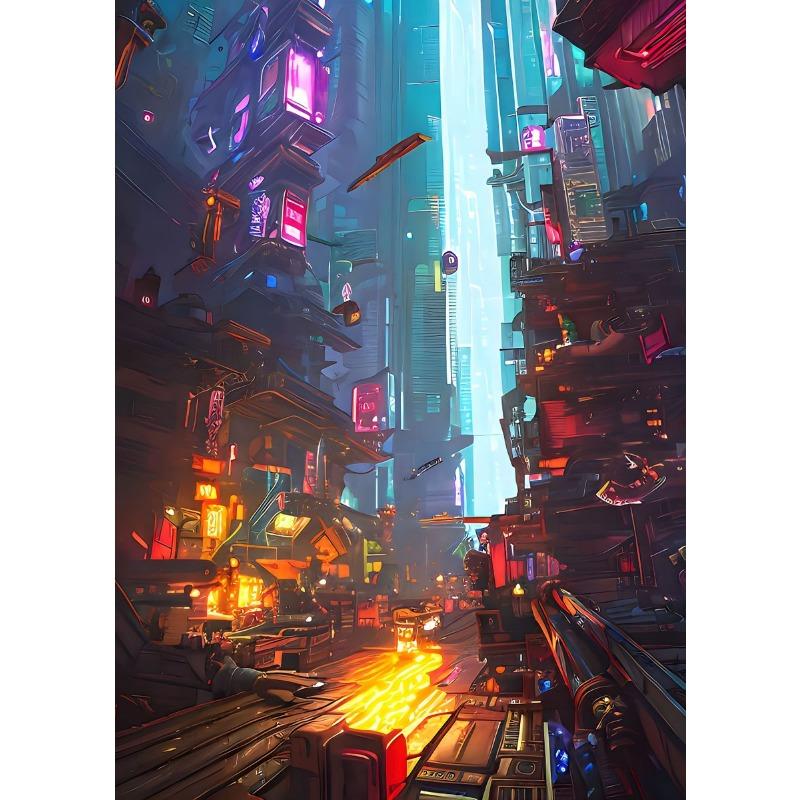 Prosperous Cyberpunk City Painting Canvas Poster Future World Wall Art Picture for Living Room Bedroom Modern Home Decor Gift