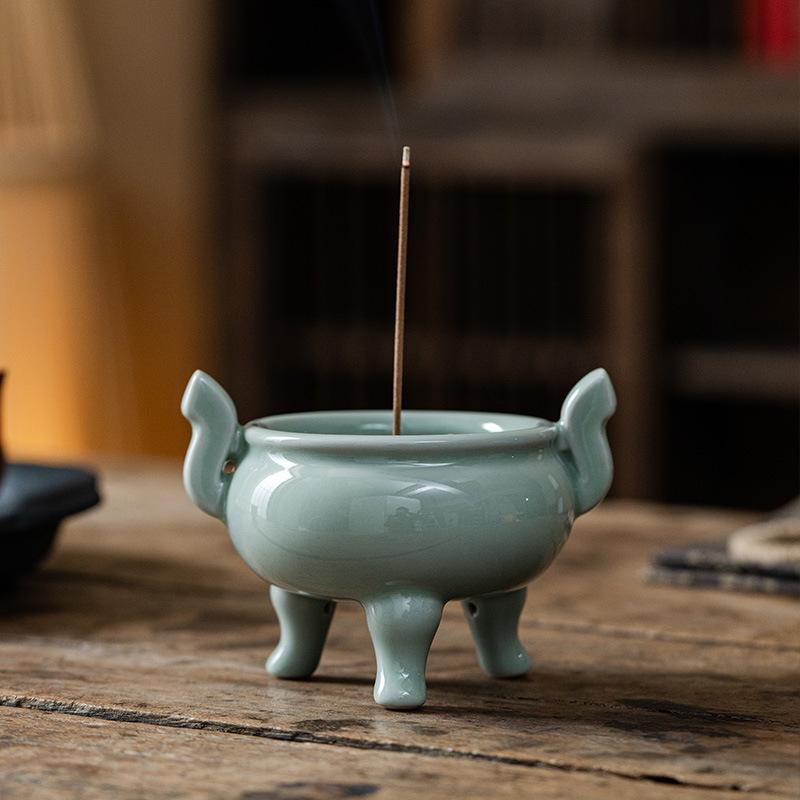 Celadon Ceramic Tripod Incense Holder for Home, Small Size, Ideal for Stick and Sandalwood Incense, Buddha Altar Supplies.