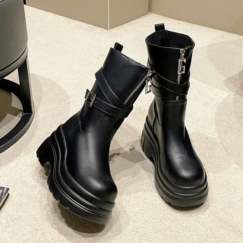 Fashion 9CM Platform Chunky Boots Women High Heels New 2024 Autumn Mid Calf Leather Sneakers Trend Winter Brown Motorcycle Boots Zapatos