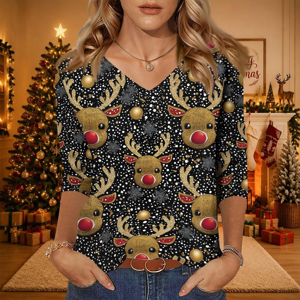 Women's Casual V-Neck Christmas Print Tunic -Quarter Sleeve Holiday Blouse