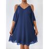 Damen Chiffon Kleid mit kalten Schultern, Strass-Trägern und V-Ausschnitt