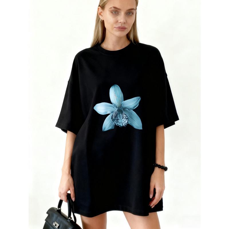 Übergroßes T-Shirt-Kleid Schwarz Blau Orchideen-Blumendruck Lässiger Streetwear-Stil Für Damen Sommer-Outfit