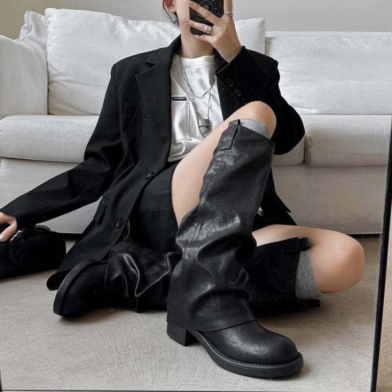 European and American round head thick-soled Martin boots non-slip soft-soled leather large-size women's boots thigh circumference high boots aut