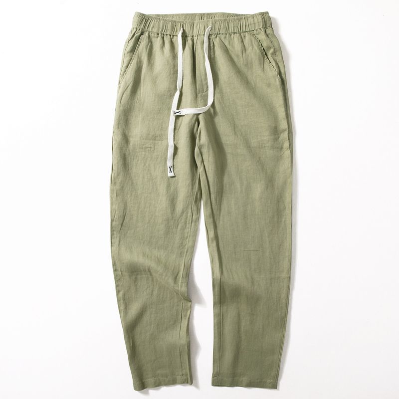 All-Linen Casual Pants Men s Summer Thin Drape Breathable Linen Pant Retro Basic All-Match Straight Fit Trousers Fruit Green M