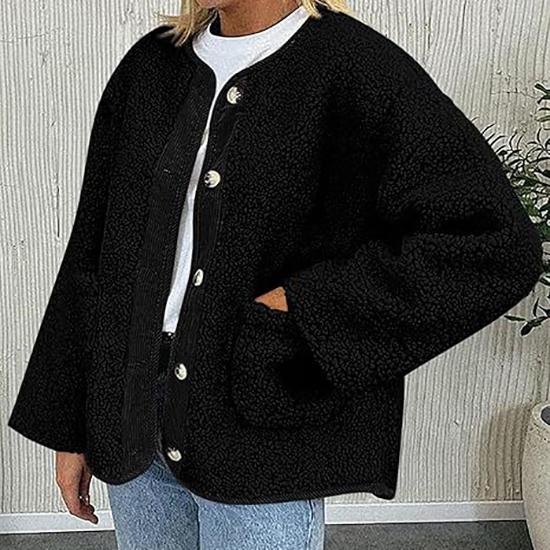 Women's Warm Winter Coat Collarless Casual Long Sleeve Button Plush Lamb Suede Jacket Coat