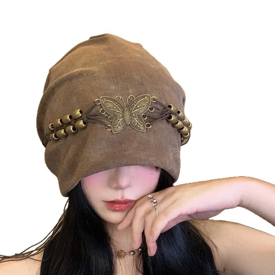 Autumn and Winter American Retro Pile Hat Tassel Butterfly Bag Head Hat Big Head Circumference Showing Face Small Hat Women's Versatile Cold Hat