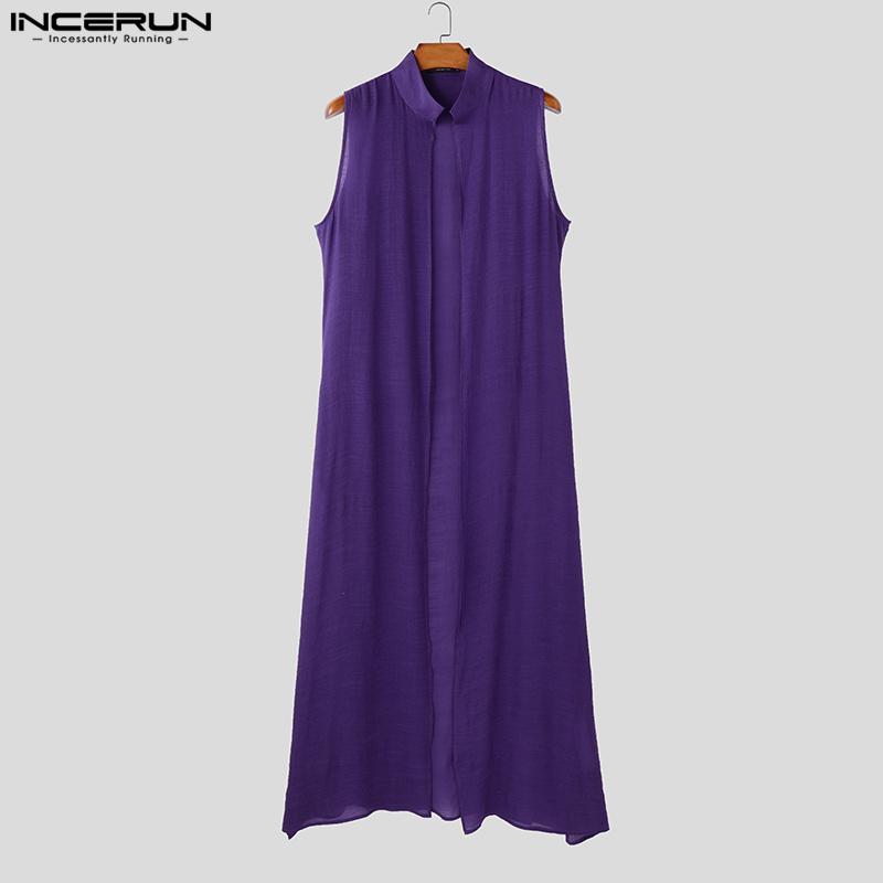 INCERUN Summer Men Satnd Neck Sleeveless Open Front Casual Loose Long Tanks Cardigan