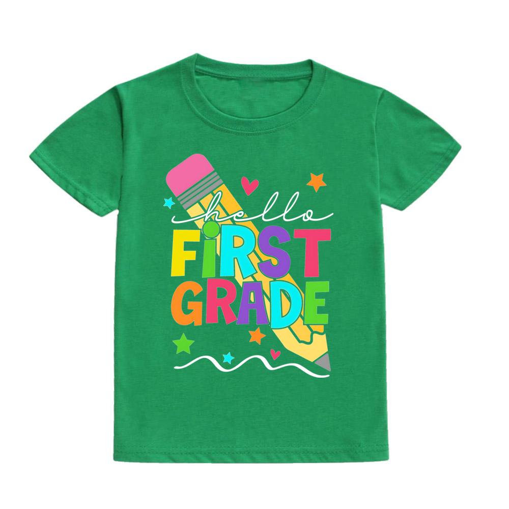 Hello First Grade Summer Children's Top Pencil Pattern Printed Short Sleeve Shirt Kids Back To School Shirts Clothes