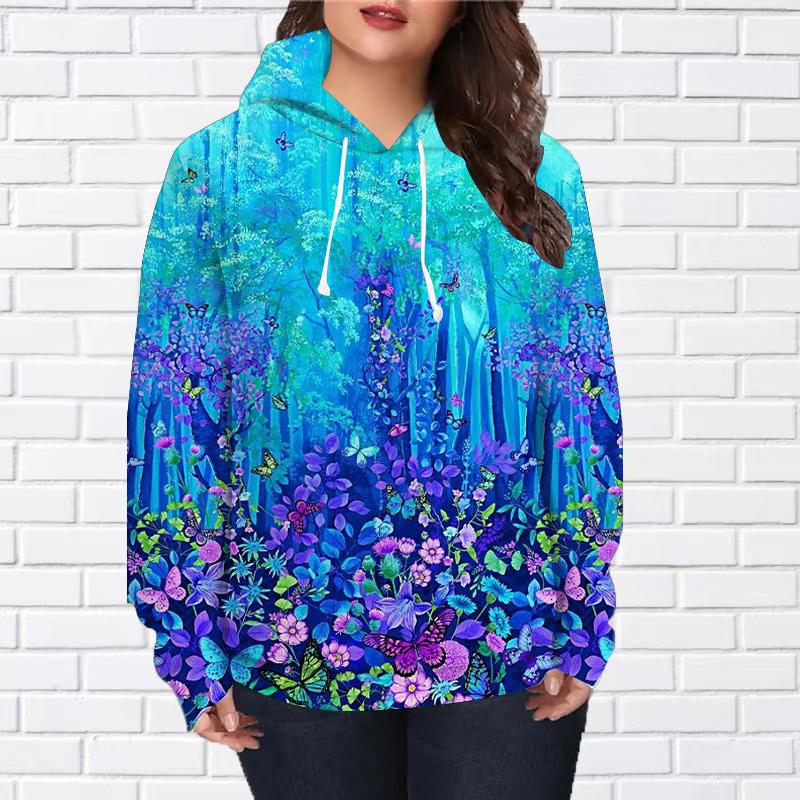 Damenmode Rosa Kristall Schmetterlingsdruck Lockerer Hoodie Tops Bluse Sweatshirt Lässig Langarm Pullover Tops