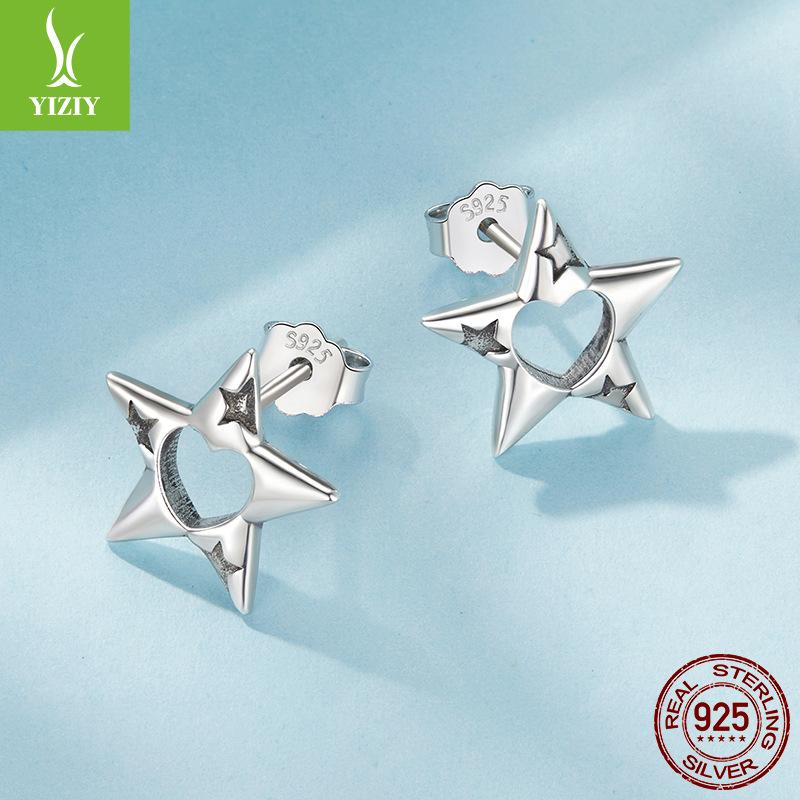 S925 Sterling Silver Hollow Five-Pointed Star Stud Earrings, Simple Personality Trend Star Silver Stud Earrings