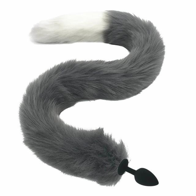 80Cm Long Grey White Fox Tail Cosplay Anal Butt Plug  Pet Play Butt Plug Tails