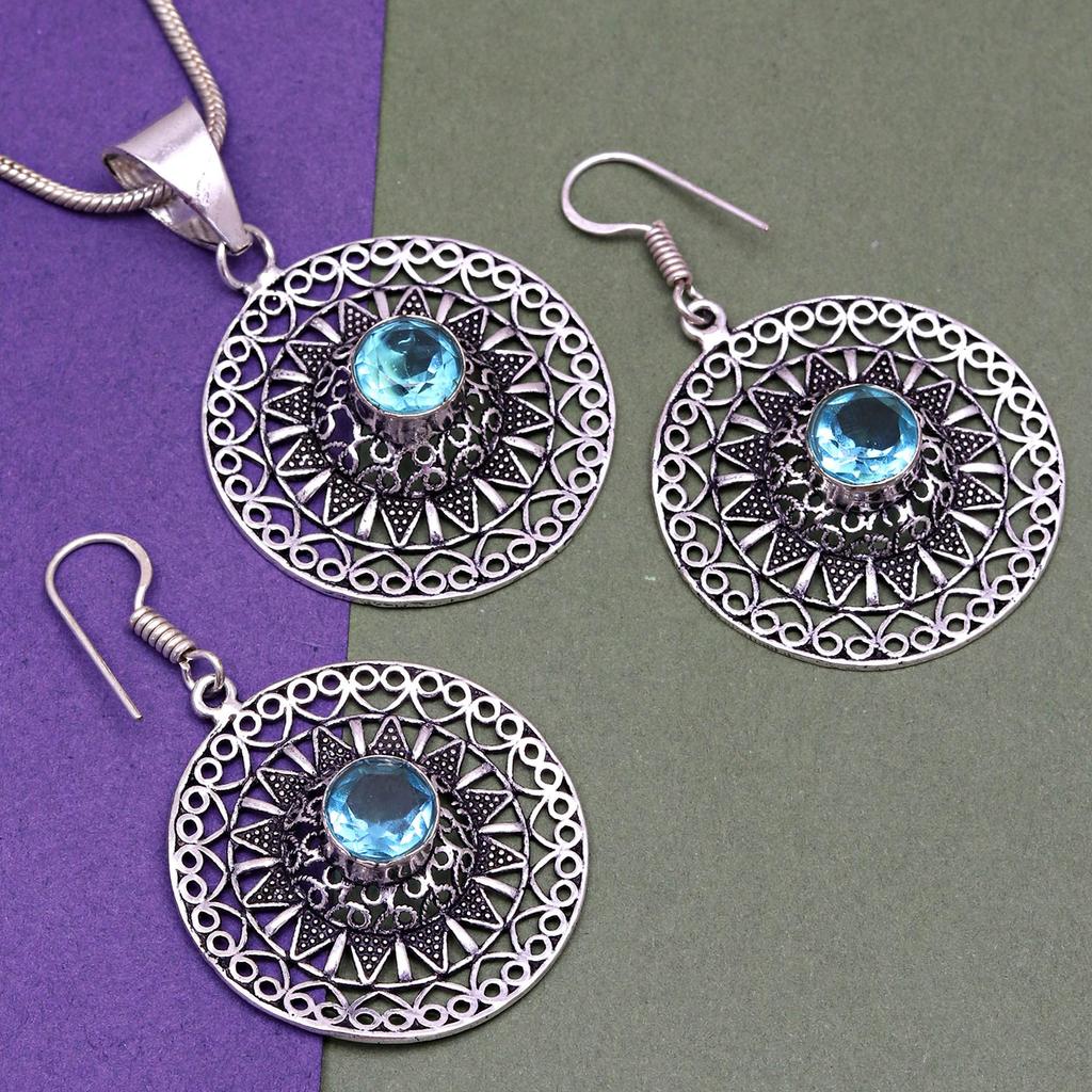 Topaz Blue Pendant Sky Earrings Set Sterling Jewelry Ring Earring