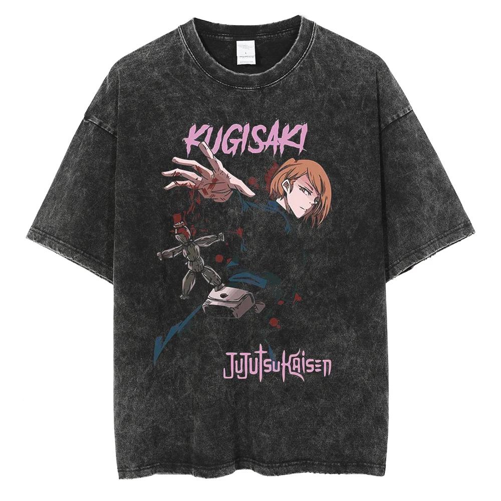 Anime Jujutsu Kaisen Ryomen Sukuna Washed T-Shirt Vintage Cotton Men's Streetwear Oversized Women Short Sleeves