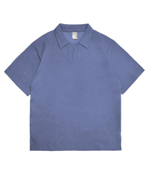 Yunieopaeleol Double Cotton Open Collar Loose Fit Short Sleeve T-Shirt Indigo Blue