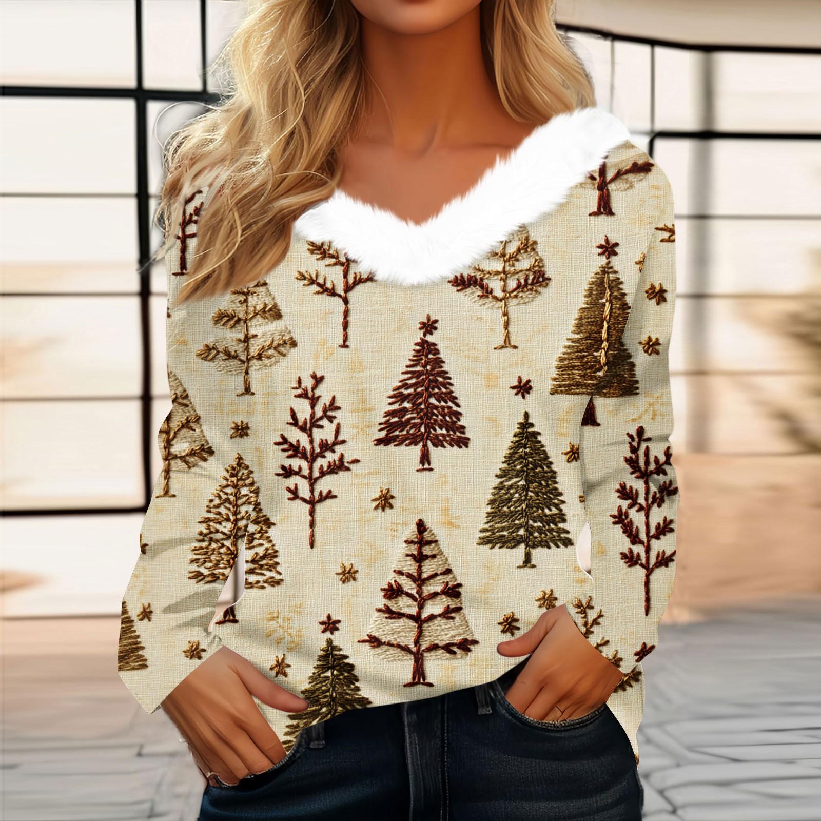 

Женская футболка, рождественская рубашка с длинным рукавом, вечерние, рождественский флисовый воротник, топ с v-образным вырезом S