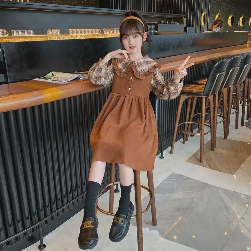 Girls' College Style Plaid Dress – Long-Sleeve, Two-Piece Look for Spring/Autumn