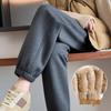 Women's High-Waist Fleece-Lined Cuffed Sweatpants - Thick Grey Joggers for Autumn/Winter 2024