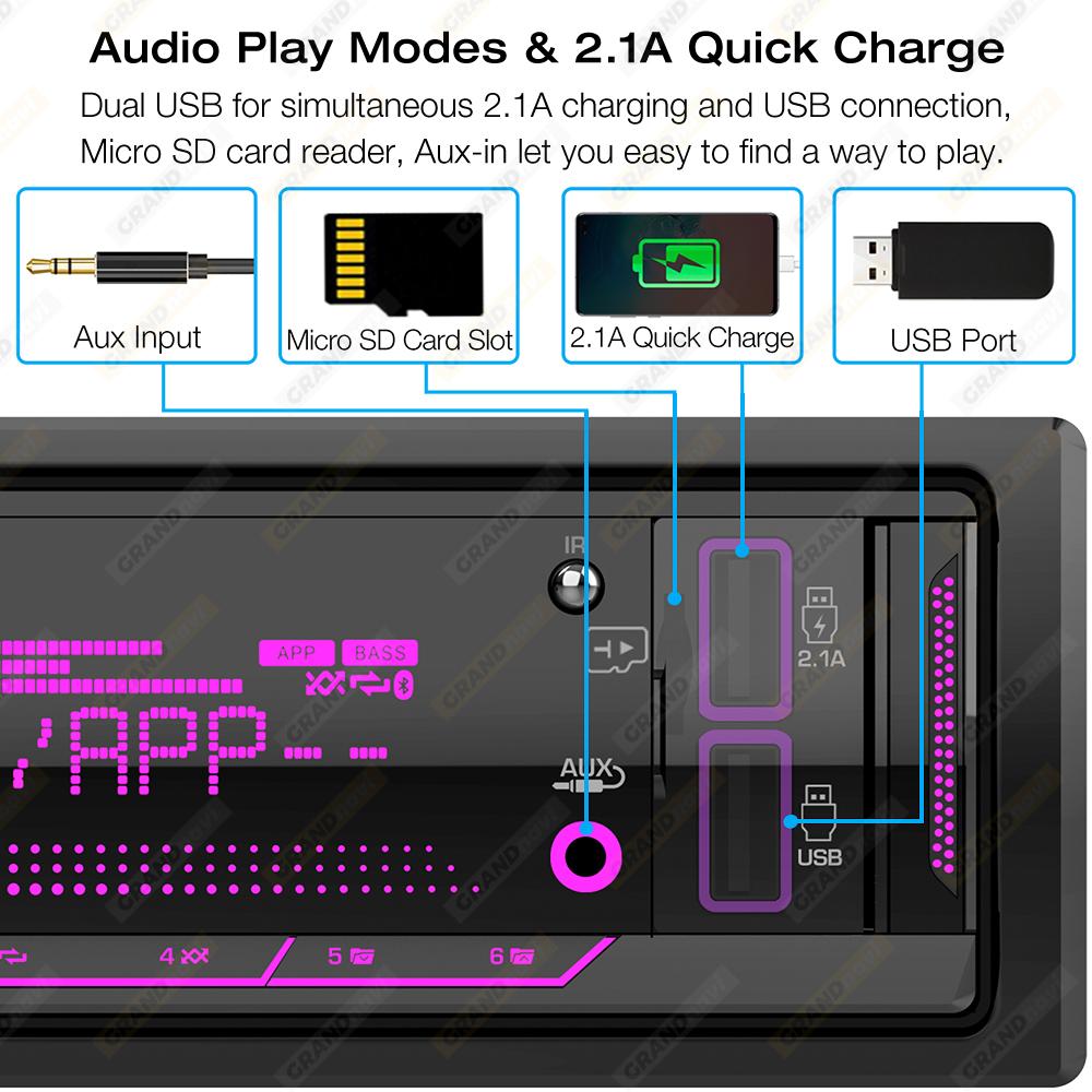 Grandnavi 1 Din Car Radio Audio Stereo FM Aux Input Receiver SD TF USB 12V In-dash MP3 Bluetooth Multimedia Auto Radio Player