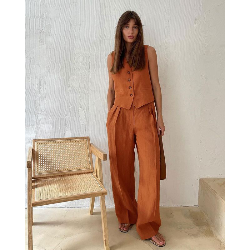 

French Casual Suit French style Socialite Casual Set V-neck Sleeveless Vest Drape Wide Leg Pants 2-Piece Set Orange New arrival L