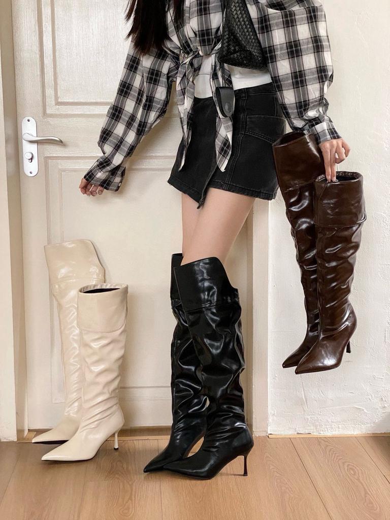 2025 new European and American style pointed and thin piled up over the knee two wear high-heeled boots