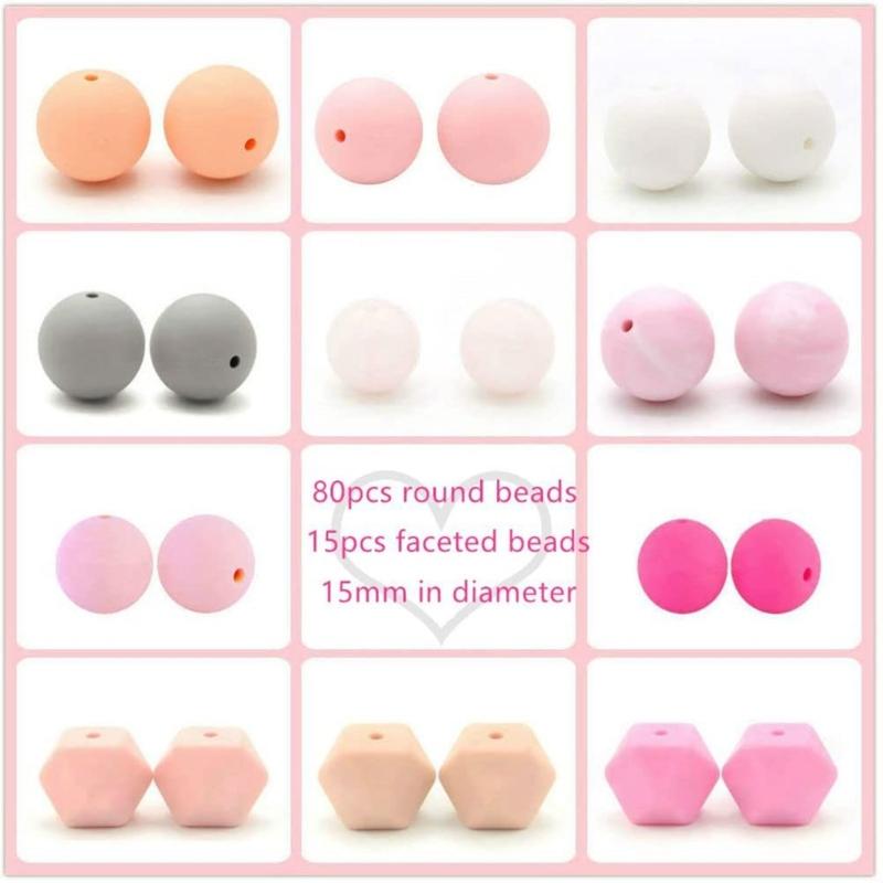 95 Pcs Colorful Round Silicone Loose Bead for Keychain DIY Octagonal Bead Making Kit for Bracelet Necklace Jewelry Craft