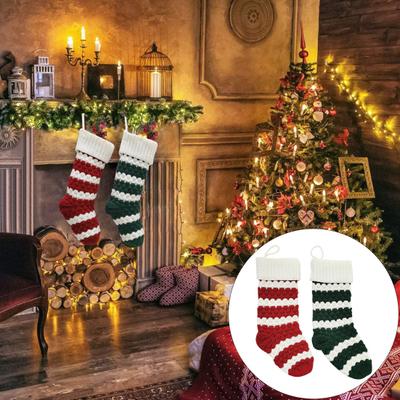 1Pc Christmas Stocking Knitted Red Green White Striped Large Capacity Reusable Xmas