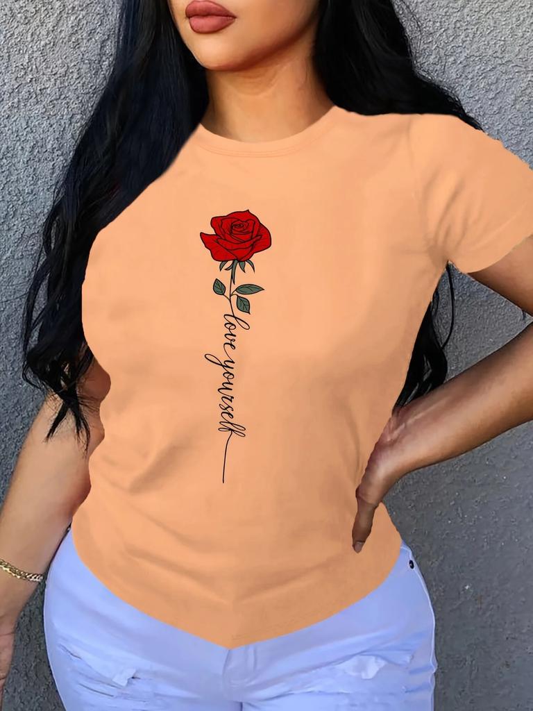 Letter & Rose Print T-Shirt, Crew Neck Short Sleeve T-Shirt, Casual Every Day Tops, WoUnisex Clothing Unisex