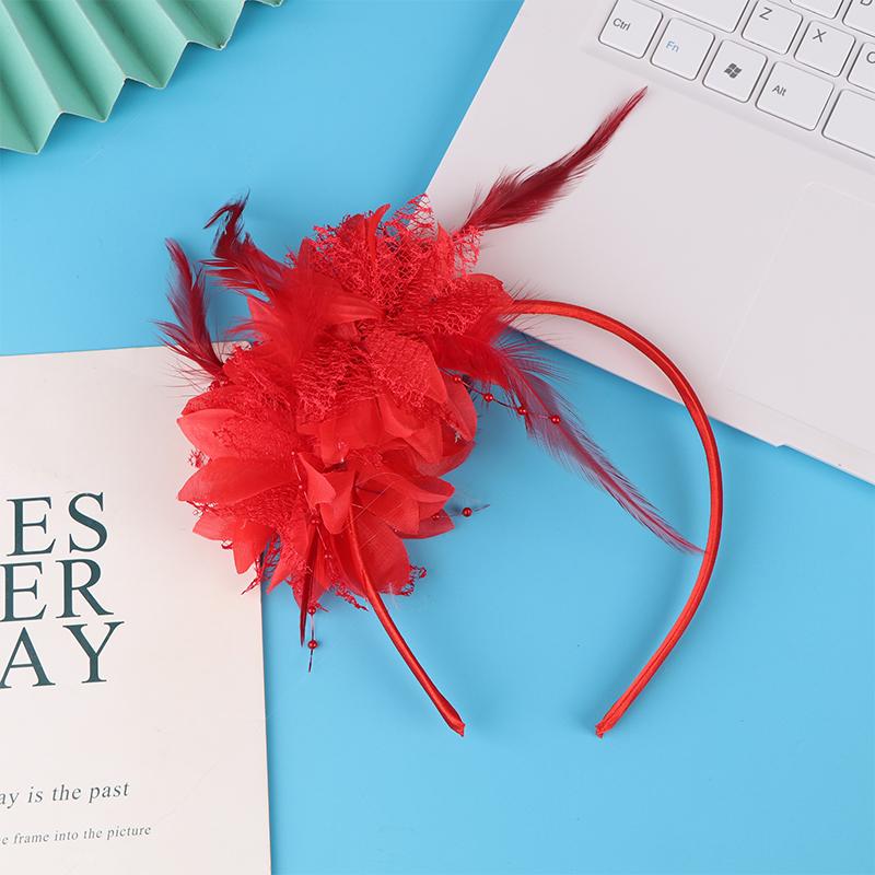 1Pcs Women Fascinator Hat Headband Flower Feather Mesh Yarn Cocktail Party Wedding Hair Accessories Head Decoration