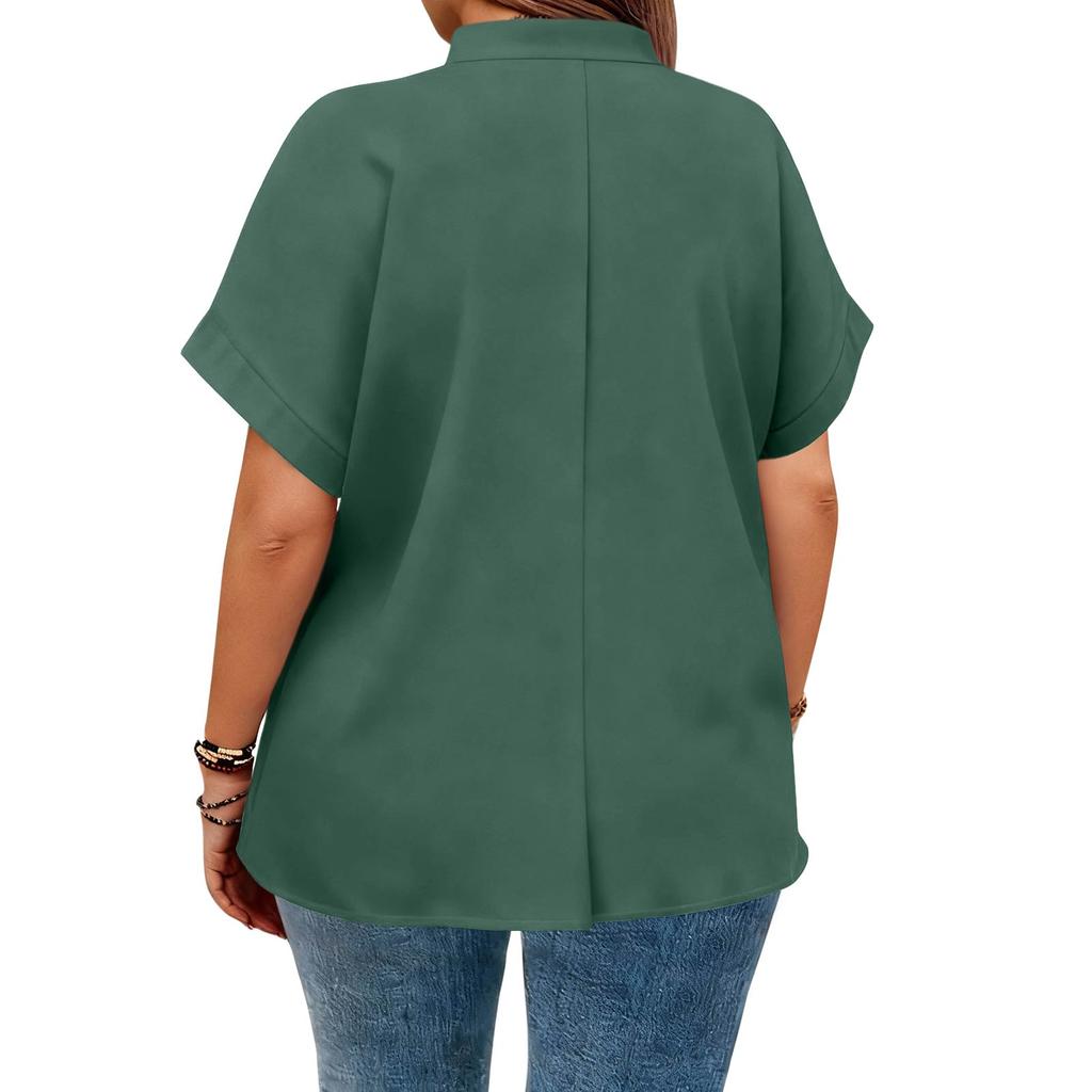 Women's Fashion Short Sleeve V Neck Button Up Blouse Stylish Casual Plus Size Top