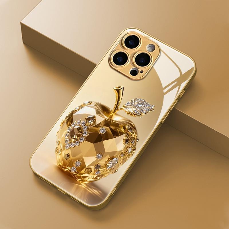 Luxus Juwel Für Apfelmuster Gold Metallic Lack Glas Handyhülle Für iPhone 17 16 15 14 13 12 11 Pro Max Plus 17Air 16E Hülle