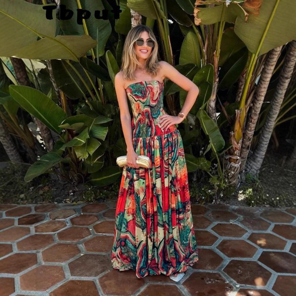 Women's Multi Color Abstract Print Strapless Maxi Dress Elastic Waist Flowy Long Dress