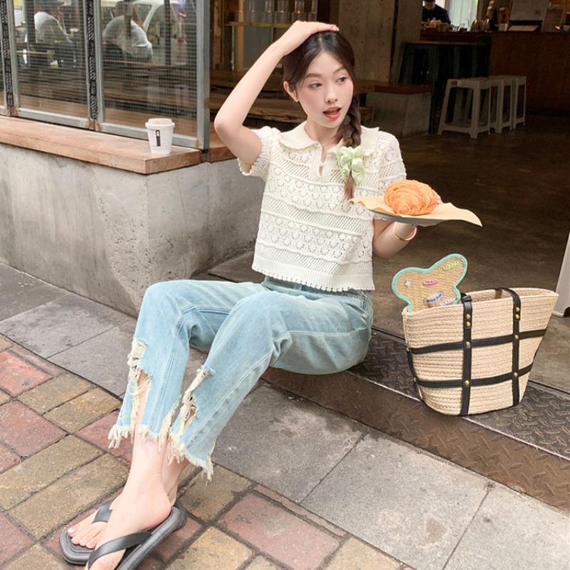Summer Short Sleeve White Lace Blouse Women Sweet Doll Collar Knitted T-shirt Elegant Fashion Hollow Out Casual Loose Short Shirt Lady Simple Clothing