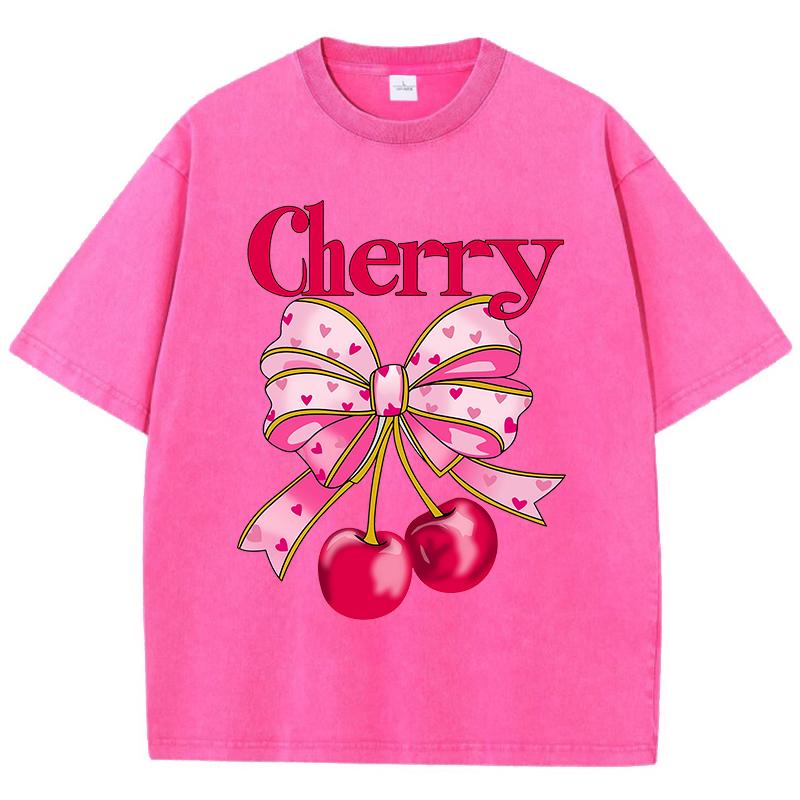 Pink Bow Cherry Prints Washed TShirts Womens Cotton Oversized Tops Distressed ONeck Comfortable T Shirts Summer Woman Clothes