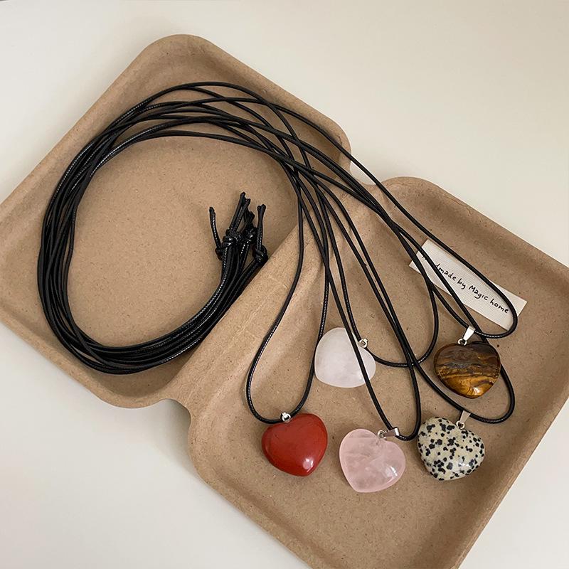 Natural Stone Heart Pendant Necklace - Black Cord, Women's Fashionable Choker for Commuting & Versatile Wear