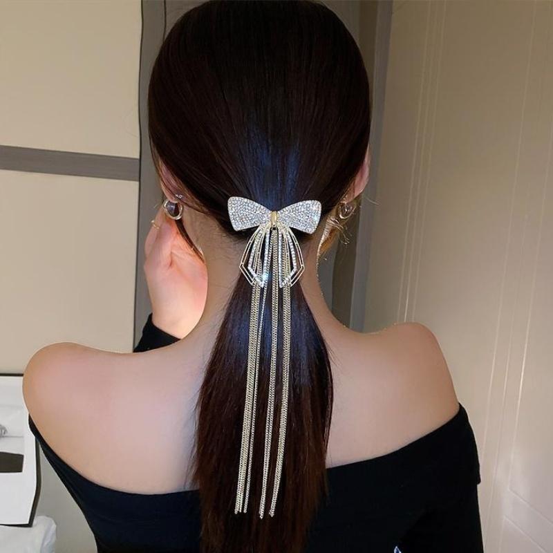 New Fashion Bow Tassel Hair Clips for Women Delicate Sparkly Rhinestone Ponytail Hairpin Large Size Headwear Hair Accessories