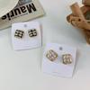 Square square plaid earrings, fabric, metal frame, checkerboard earrings, small fragrant temperament stud earrings.