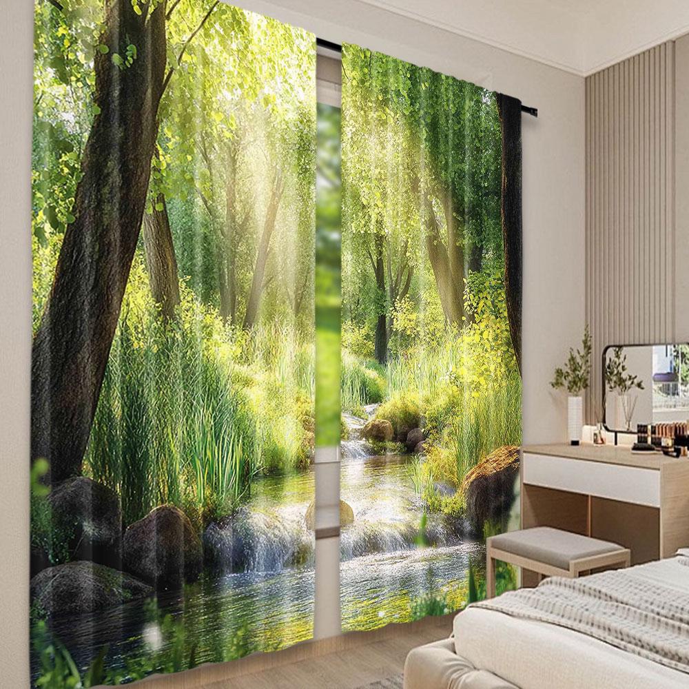 2Pcs Forest Curtain Stream Cascade In Tropical Forest Among Trees Jungle Woodland Serene Landscape Suitable For Living Room