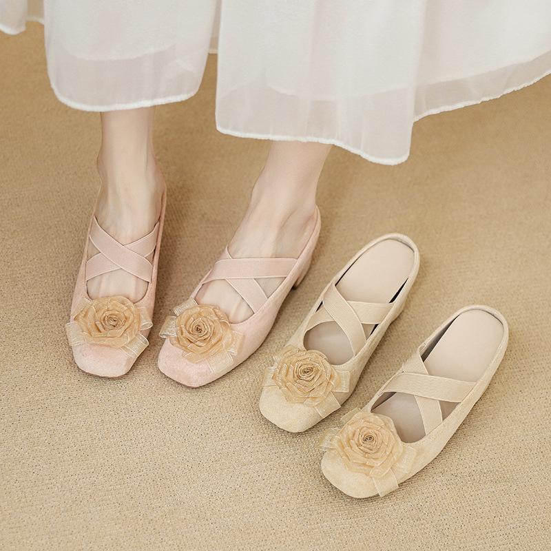 Coarse Heel Single Shoes Single Shoes Gentle Flower Mary Jane Bag Head Half Drag Women's Shoes