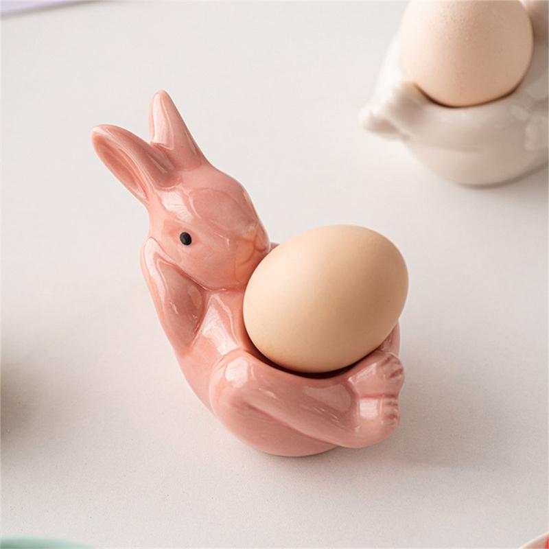 Cute Rabbit Shaped Boiled Eggs Cup Ceramic Eggs Holder Easter Decorations Eggs Display Stands for Party Dinner Table