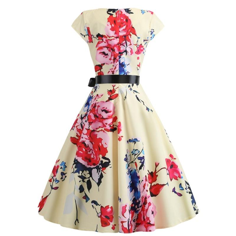 Summer Vintage Women's Crew Neck Bag Sleeve Flower Print Dress