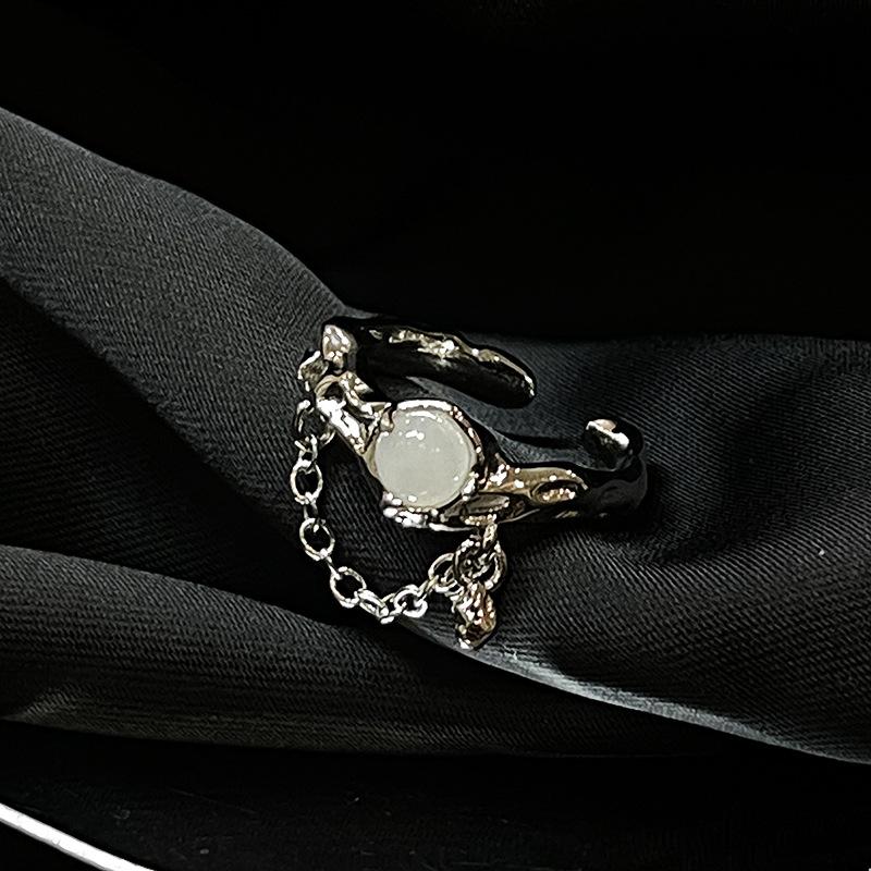 Two-Piece Set, High-End Moonstone Ring, Women'S Open Ring, Niche Design, Plain Ring, Index Finger Ring, French Self-Discipline Ring.