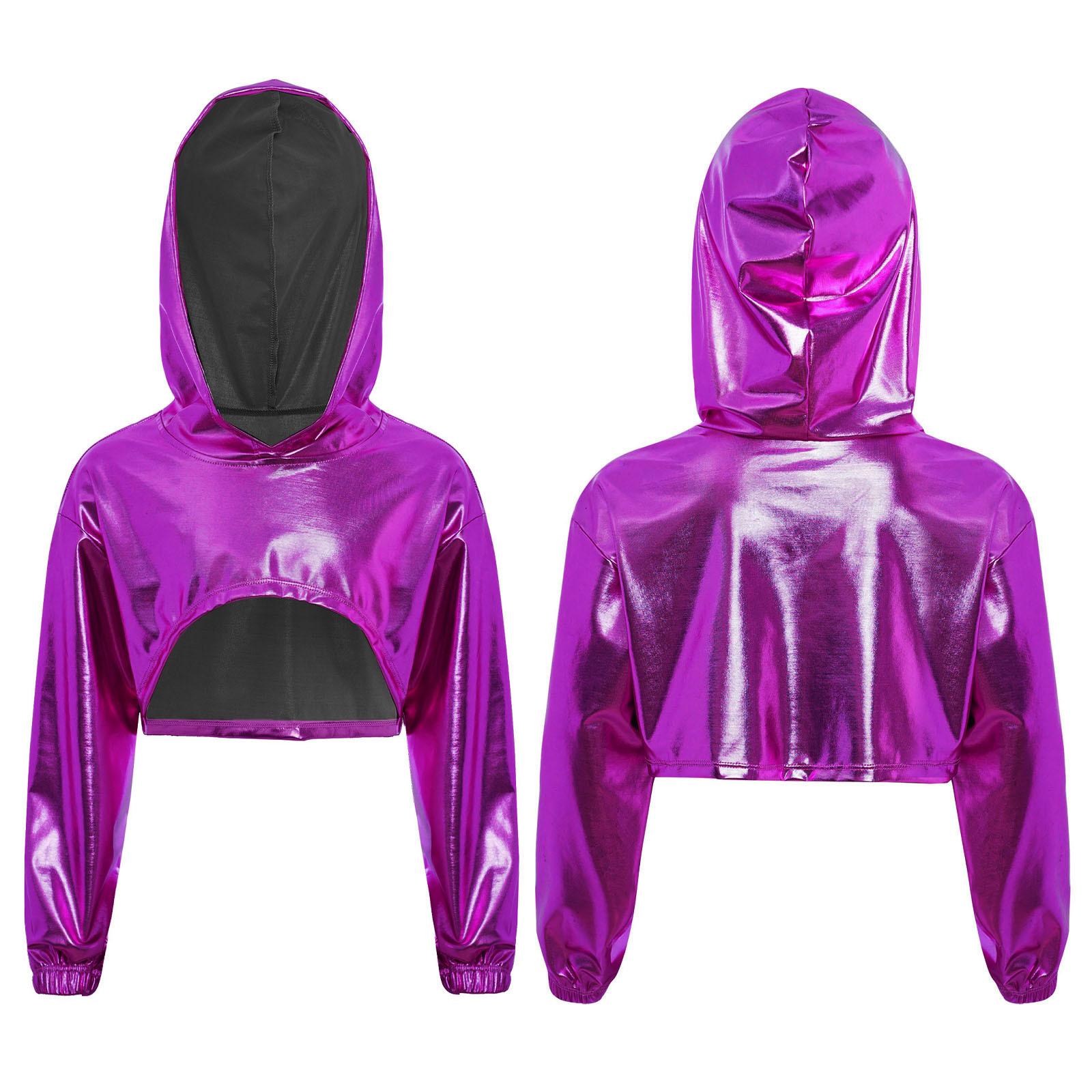 

Kids Girls Street Style Dance Hoodie: Shiny Metallic Cropped Top with Asymmetrical Hem & Long Sleeves for Competition 5-6 Years фіолетовий