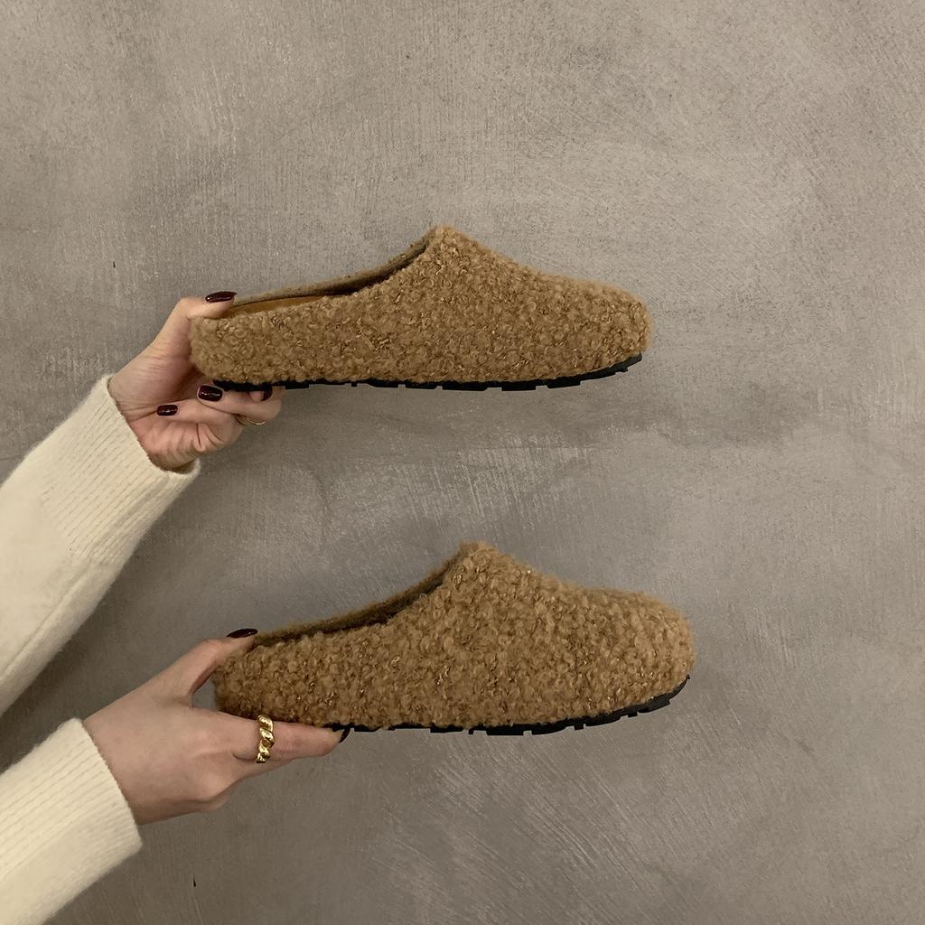 Platform Slippers Women's Autumn and Winter Retro Fluffy Bag Head Half Slippers Women Wear Lazy Muller Shoes