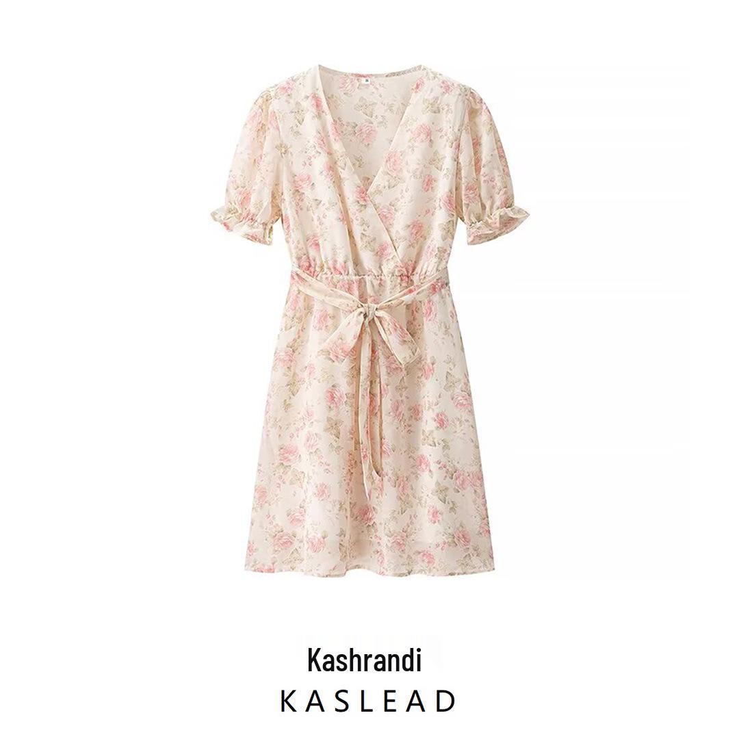 

2025 Spring Women s European & American Style Chiffon V-neck Embroidered Waist Short Sleeve Dress Small