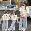Girls' short sleeved T-shirt and long pants set for summer 2026, new trendy children's fashion, girls' checkered pants for summer wear
