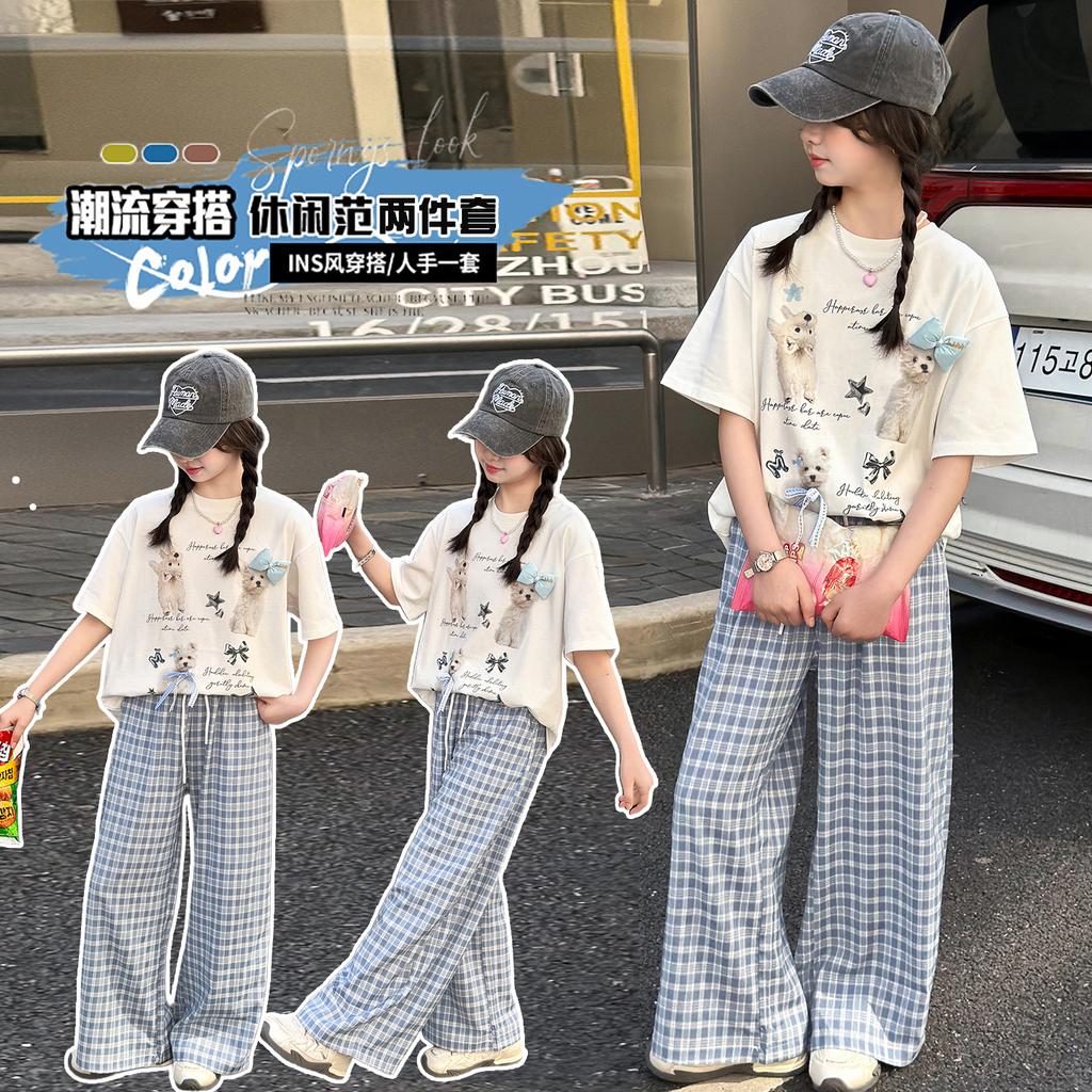 Girls' short sleeved T-shirt and long pants set for summer 2026, new trendy children's fashion, girls' checkered pants for summer wear