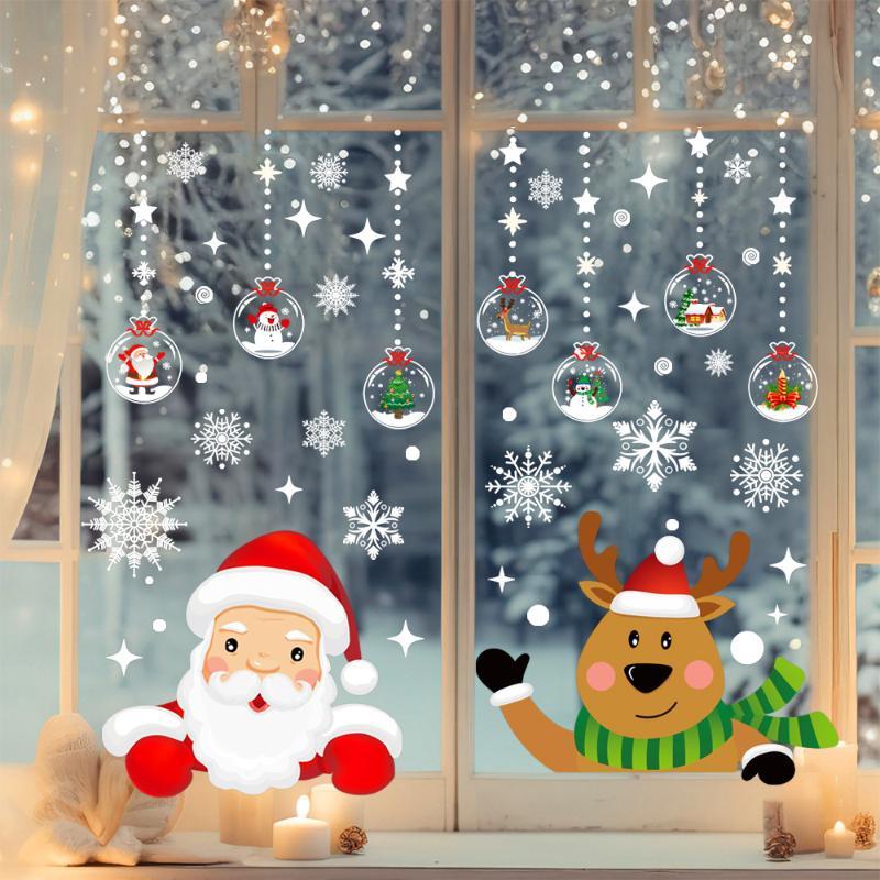 Christmas Window Static Stickers 2/4 Sheet Easy Peel Removable Santa Reindeer Snowflake Decals for Winter Holiday Party Decor