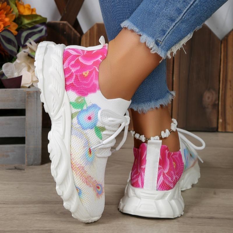 Mode Atmungsaktive Sneaker für Damen 2024 Frühling Neue Schnürung Floral Freizeit Schuhe Laufen Walking Sport Ballerinas Damen